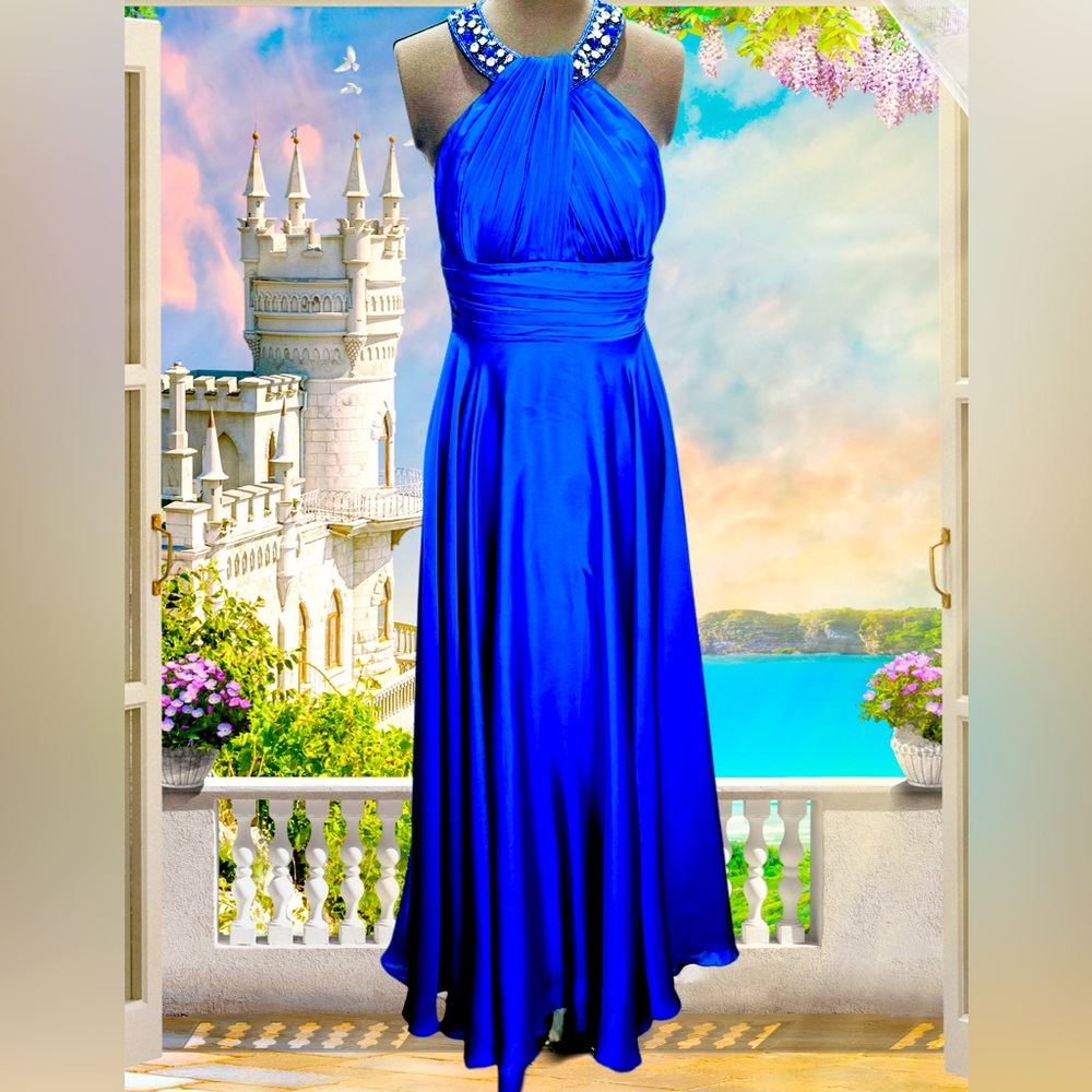 💎 Elegant Blue Satin Prom & Formal Gown | Built-In Bra | Sparkling Gem D…